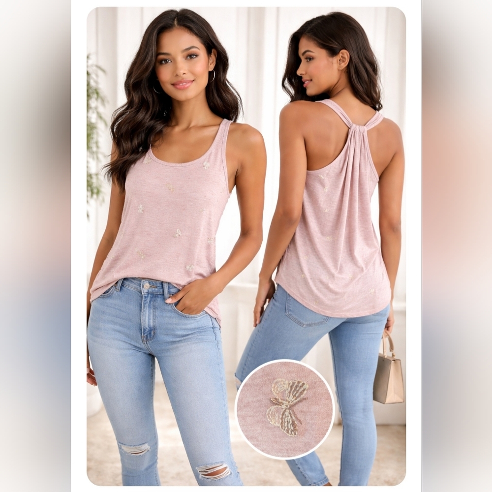 Amana Pink Embroidered Butterfly T-Back Tank Top Size S Flowy Boho Chic
